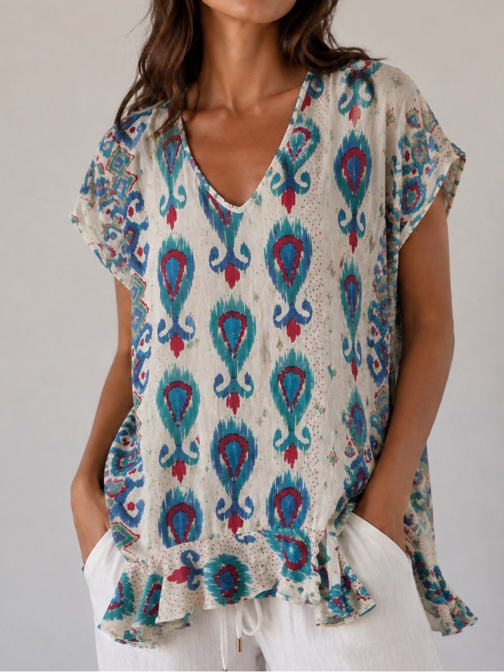 103. Johnny Was 100% Silk Short Sleeve Tunic Top